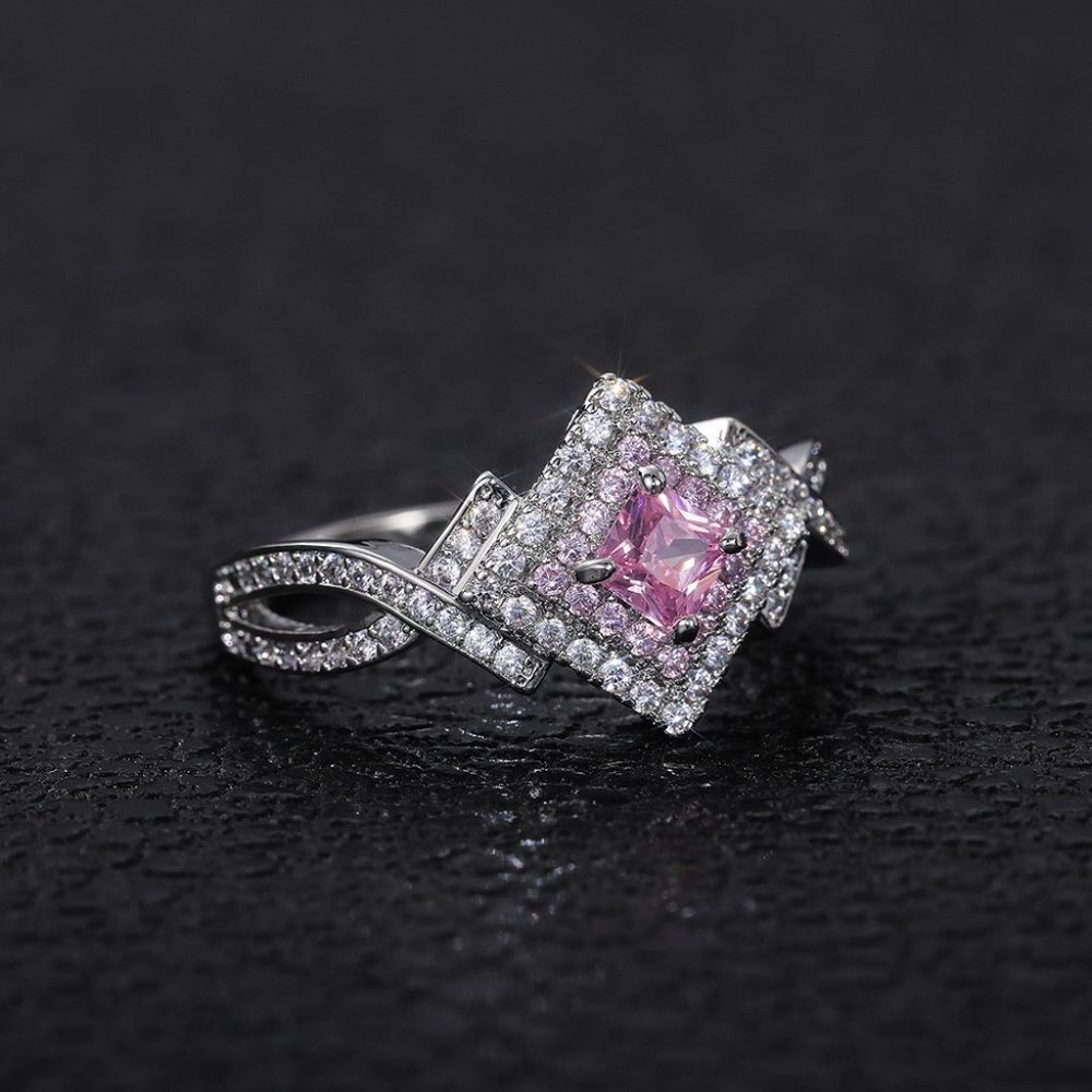 😍Beautiful Silver Pure Pink Double Layer Weave Princess Cut CZ Ring, K832 - Picture 5 of 11